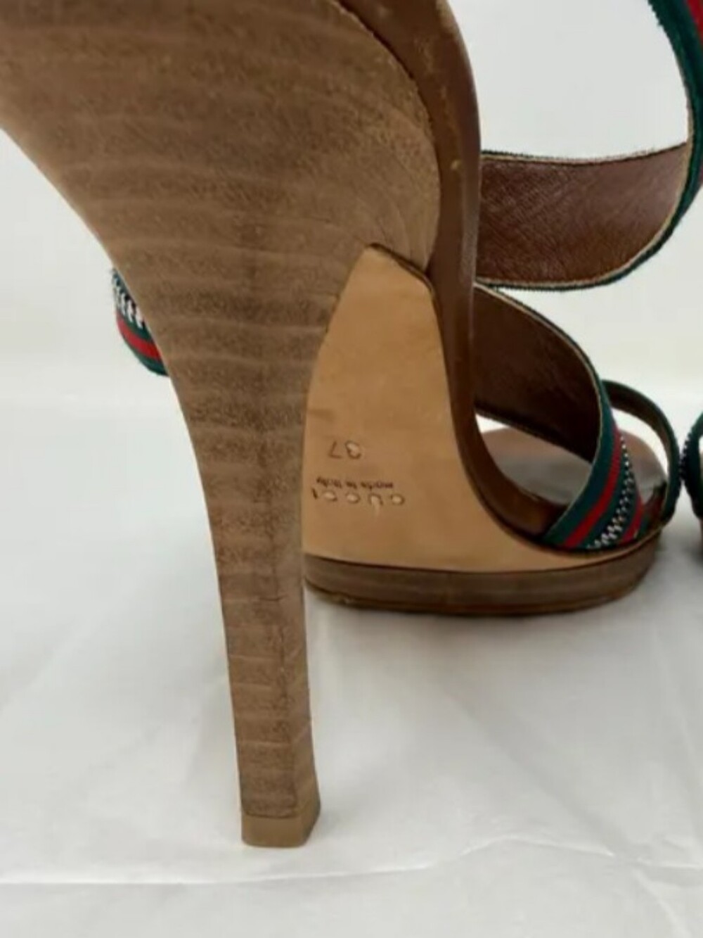 GUCCI RARE! Web Stripe Stilleto Heels Brown Leather Zipper Strap Detail - Women - Picture 10 of 12